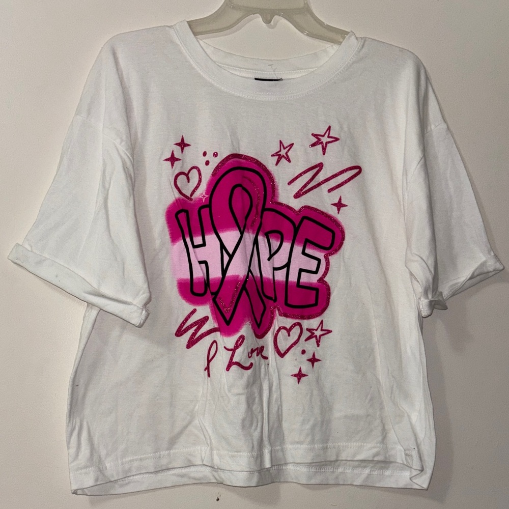 White Tee with Pink "HOPE" Ribbon Graphic